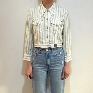 90s Versace Jeans Couture Cropped Striped Green And Blue Rayon Jacket With Silver Medusa Head Buttons Preppy Chic