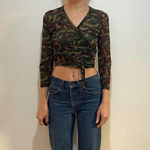 90s Jean Paul Gaultier Camo Camouflage Print Sheer Mesh Wrap Crop Top Club Kid