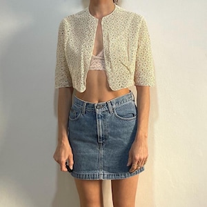 40s Delicate Beige Cotton Lace Open Knit Cropped Embroidered Jacket