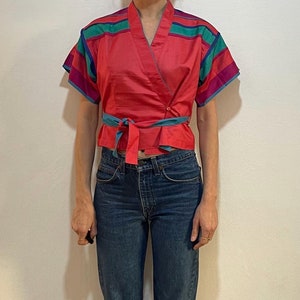 70s Kenzo Silk Kimono Style Color Block Cross Over Blouse Shirt