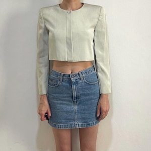 90s Claude Montana Beige Striped Cropped Minimalist Strong Shoulder Jacket
