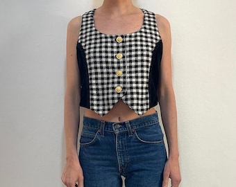 90er Versace Versus Weste Schwarzer Samt & Karo Wolle Mit Goldenen Löwen Knöpfen