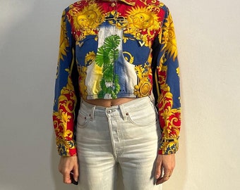 Kurtka jeansowa Gianni Versace Sun King Baroque z lat 90., krótka, supermodelka