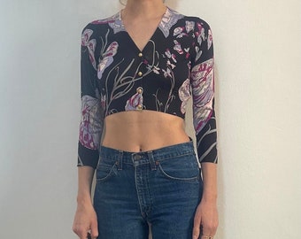 Y2K Emilio Pucci zijdegebreid kort vest met vlinderprint, extra klein