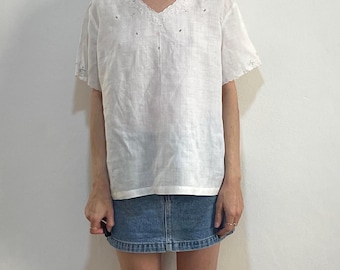 Blusa bohemia de verano de lino blanco bordado a mano de los años 80, talla grande