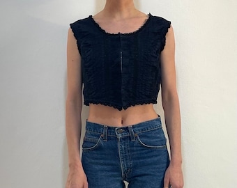 Blusa campesina corta tipo corsé de encaje de algodón negro de Giorgio Kauten de los años 90