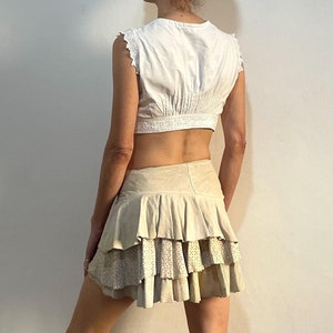 Y2K Plein Sud Suede Leather Ecru Asymmetrical Micro Mini Skirt With Ruffles