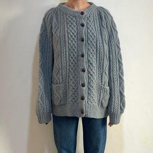 70s Aran Wool Hand Knit Soft Blue Chunky Winter Sweater Wooden Button Up Cardigan Made In Ireland