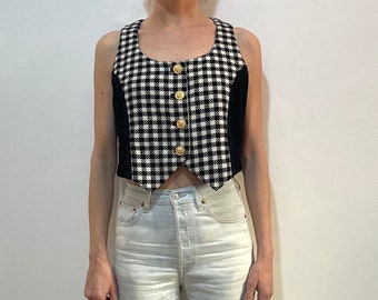 90s Versace Versus Velvet And Wool Black And White Check Fitted Vest With Gold Lion Buttons