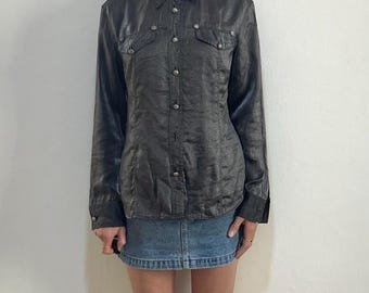 90s Versace Jeans Couture Silver Sparkles Medusa Head Button Up Shirt