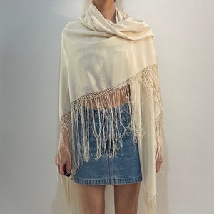 Large Silk Fringed Shawl, Cream Silk Shawl, Piano Shawl