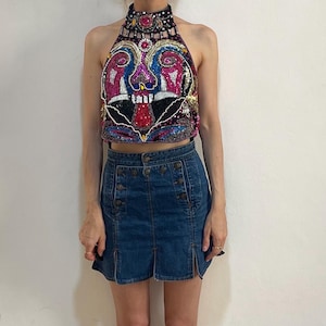 80s Beaded Sequined Backless Monster Face Club Kid Extravagant Top