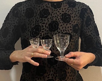 Jaren 60 Atomic Starburst-brillenset met de hand geëtst sterpatroon Delicaat vintage drie kleine maten voor wijn, sterke drank en grappa