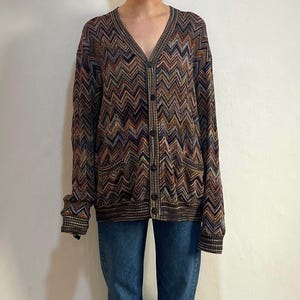 Y2K Missoni Linen Blend Cardigan Brown Zig Zag Knit