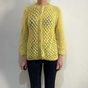 60s Yellow Hand Knit Wool Cardigan Made In Italy Open Lace Work Sweater