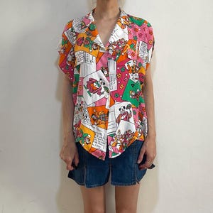 Bluzka z wiskozy z lat 90. z kreskówki Clown zilustrowana w stylu oversize, francuska komedia