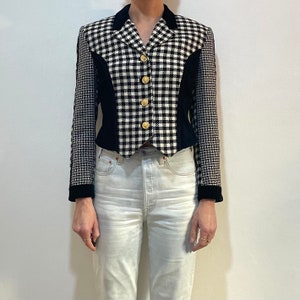 90s Versace Versus Velvet And Wool Black And White Check Jacket With Gold Lion Buttons