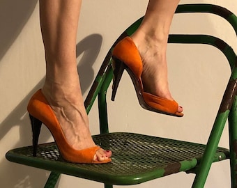 Y2K Miu Miu Orange Suede Peep Toe Heels With Jewels Size 37.5