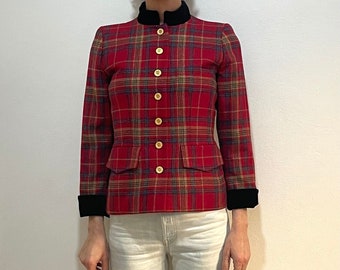 80s Yves Saint Laurent Rive Gauche Red Wool Tartan Jacket With Black Velvet Collar And Cuffs With Textured Gold Buttons