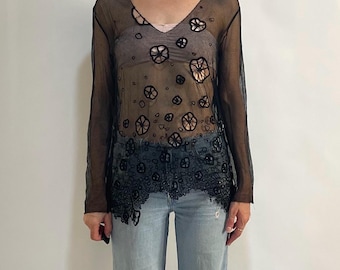 90s Jean Paul Gaultier Goth Black Cotton Mesh Embroidered Floral Spooky Top Shirt