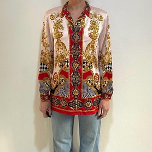 80s Escada Silk Satin Baroque Op Art Psychedelic Button Up Blouse Shirt