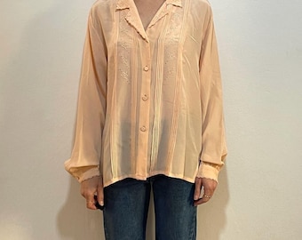 60s Pink Silk Hand Embroidered Pin Tucks Button Up Elegant Boho Blouse Large Size