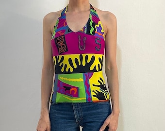 90s Versace Versus Lycra Halter Top Pop Circus Body Suit