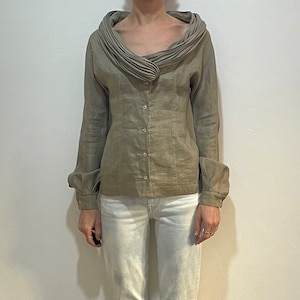 90s Claude Montana Linen Plisse Pleated Shawl Collar Unusual Dramatic Shirt Blouse