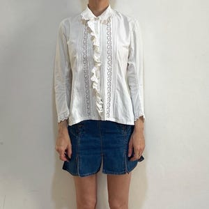 Victorian Edwardian White Cotton Blouse With Hand Embroidered White Cotton Lace And Extravagant Sleeve Cuffs