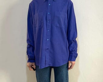 90s Raw Silk Deadstock Unworn Oversize Mens Button Shirt Royal Blue Size Medium