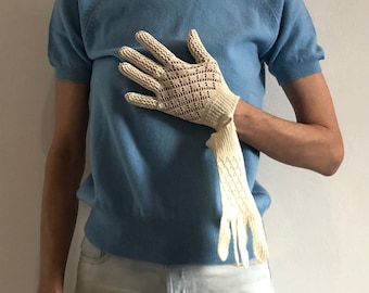 30s Crochet White Cotton Lace Italian Hand Knit Fancy Party Church Gloves