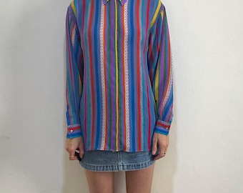 90s Versace Jeans Couture La Greca Sheer Poly Oversize Multi Color Striped Shirt