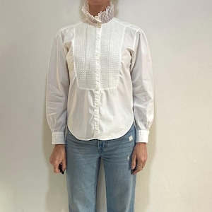 70s Kenzo High Necked White Cotton Blouse Shirt With Tuxedo Smocking Front Lace Collar