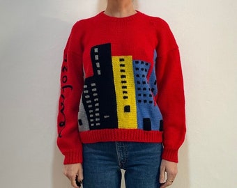 Maglione in lana lavorato a mano anni '80 con motivo a blocchi di colore sullo skyline di New York