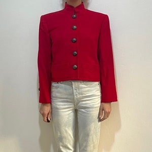 80s Yves Saint Laurent Red Wool Cropped Strong Shouldered Bolero Jacket With Giant Metal Buttons