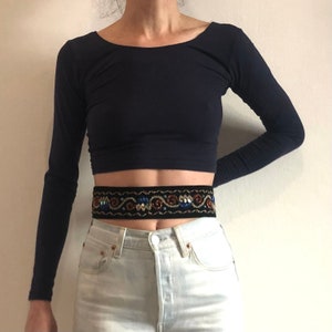 70s Black Velvet Beaded Boho Belt With Tassels