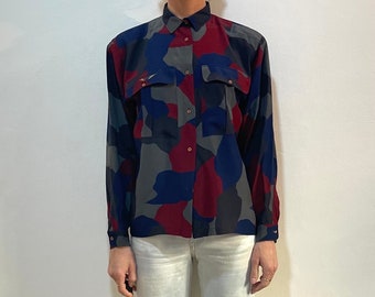 80er Jahre Claude Montana Sandwashed Silk Abstrakt Camo Print Oversize Bluse Shirt