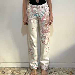 90s Cavalli Butterfly Peacock Floral Painted Dreamy Mom Jeans