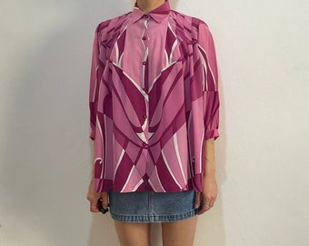 60s Emilio Pucci Silk Pink Geometric Pleated Oversize Blouse Top For Vivara
