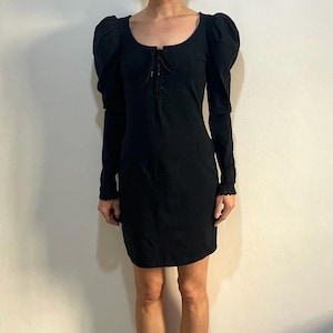 90s Betsey Johnson Punk Label Black Cotton Jersey Dress With Lace Up Front And Major Puff Sleeves Size Large