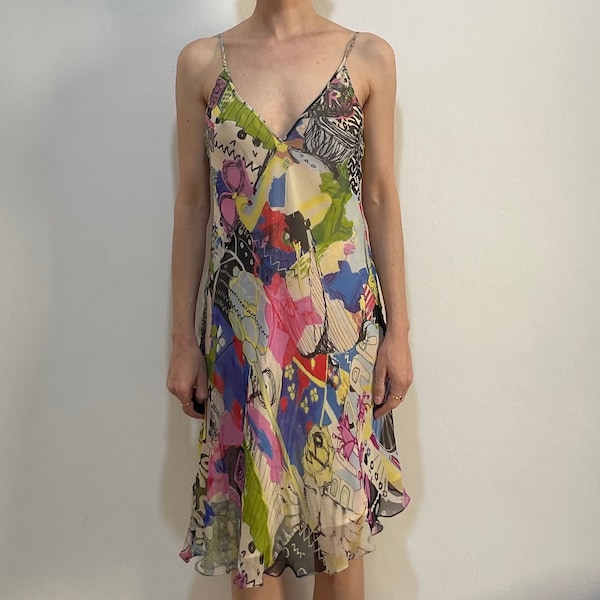 80s Christian Lacroix Bias Cut Silk Multi Color Slip Dress