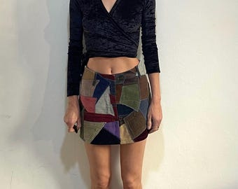 90s Patchwork Mini Skirt With Leather And Corduroy