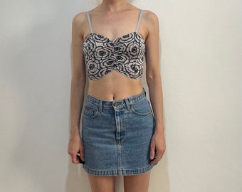 90s Gianni Versace Corset Top Lingerie Black And Grey Roses Stretch Nylon Crop Top