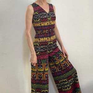 70s Psychedelic Polyester Jersey Wide Flare Leg Zip Up Front Jumpsuit