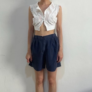 90s Navy Blue Sandwashed Silk High Waisted Wide Leg Shorts Deadstock With Original Tags