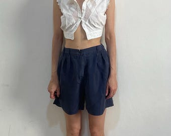 90s Navy Blue Sandwashed Silk High Waisted Wide Leg Shorts Deadstock With Original Tags