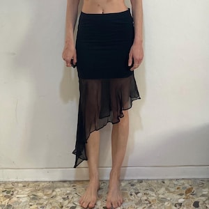 90s Romeo Gigli Navy Blue Stretch Skirt With Sheer Asymmetrical Sheer Silk Fishtail Ruffle