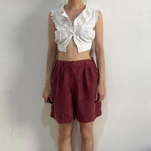 90s Burgundy Sandwashed Silk High Waisted Wide Leg Shorts Deadstock With Original Tags