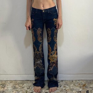Y2K Roberto Cavalli Applique Embroidered Baroque Flared Leg Rocker Denim Stretch Jeans