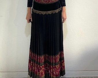 70s Roberto Cavalli Hand Painted Leather Maxi Skirt With Pleated